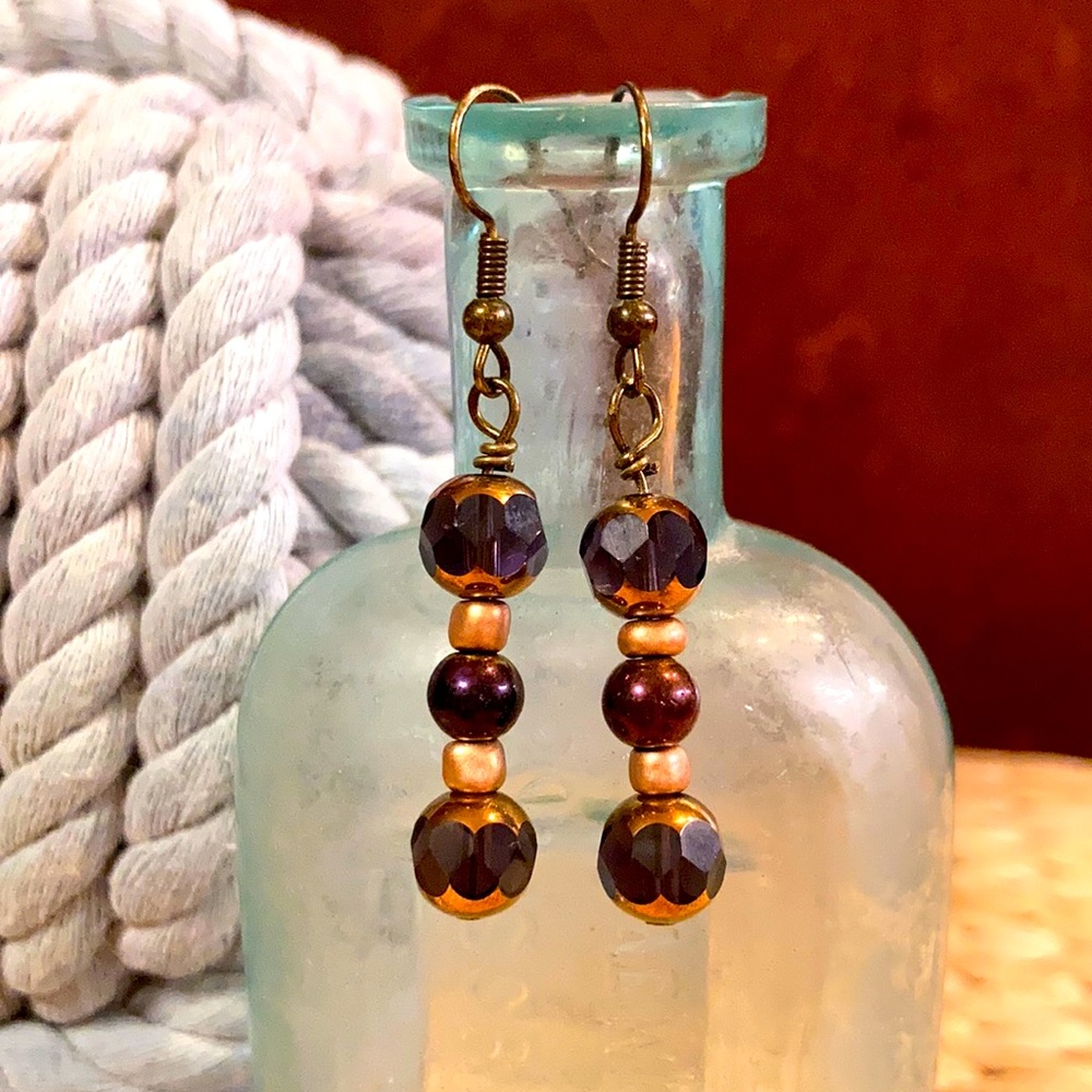 Copper and amethyst colored glass earrings